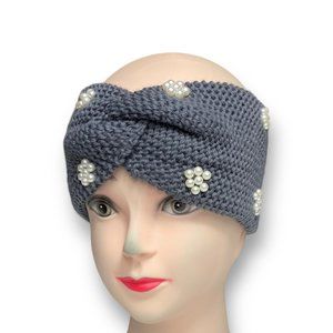 Women Crochet Knitted Turban Headband Pearl Bead Hairband Ear Warmer Gray